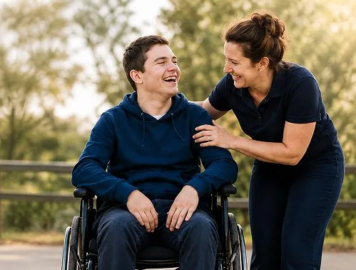 A client in a wheelchair sharing a laugh with a support worker outdoors